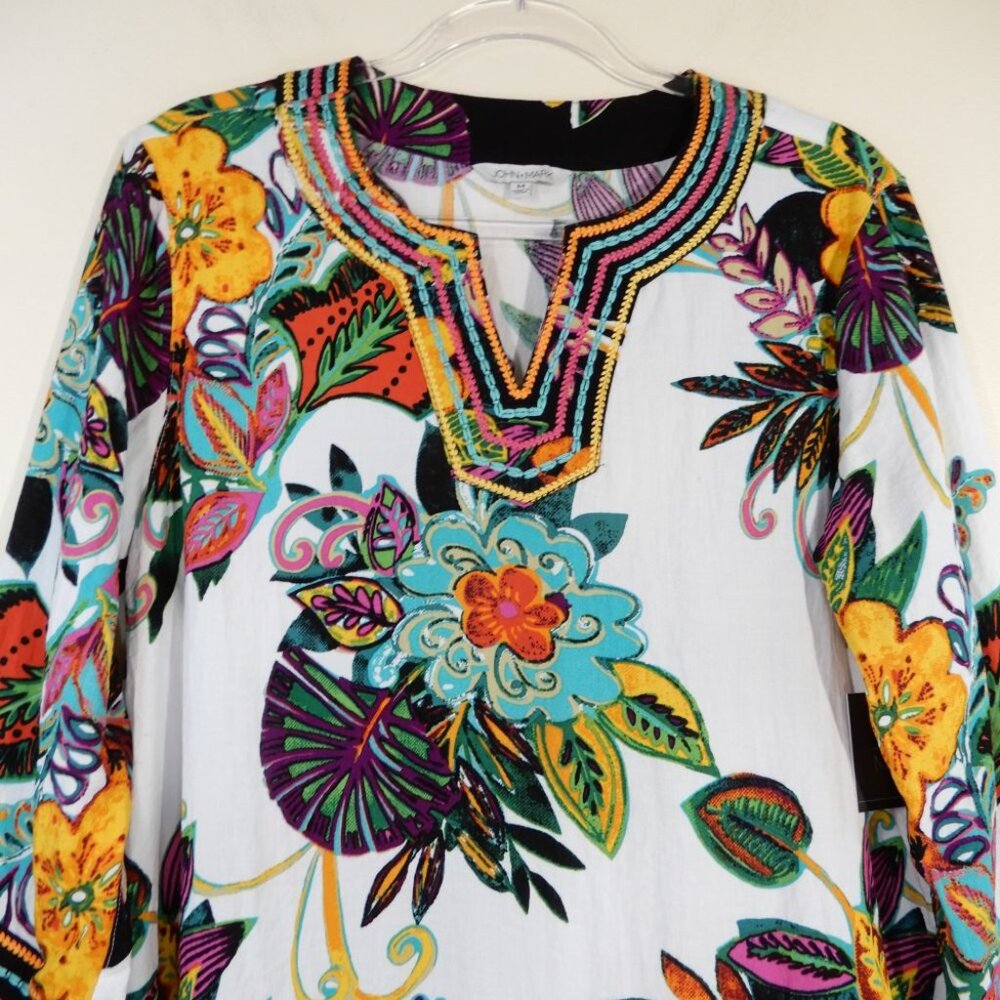 John Mark Tunic Top Size M Embroidered Tropical Floral Split V-Neck NEW $119 - Picture 6 of 11
